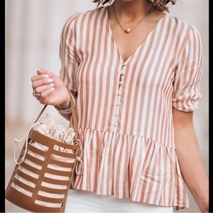 Madewell Courtyard Ruffle Hem Peplum Striped Short Sleeve Top Size Small